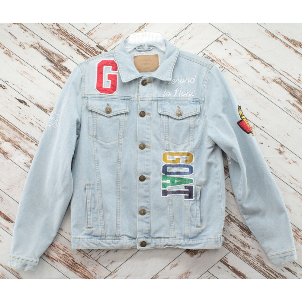 Rue 21 Jacket Mens Small Blue Jean Denim GOAT Embroidered Graphic Streetwear Y2K